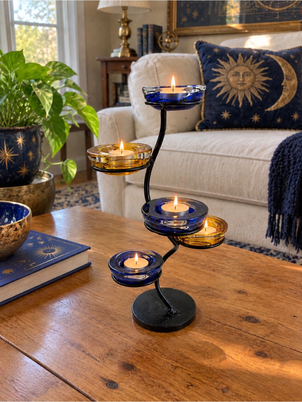 Vintage 90s Blue Glass Tealight Candleabra Candle Holder 1990s celestial vibes